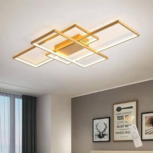 JIINOO Plafoniera Dimmerabile 50W,Plafoniere LED 3-Quadrata Oro con Telecomando, Lampadario LED Moderno Montaggio A Incasso Lampada da Soffitto per Soggiorno Sala da Pranzo Camera da Letto Cucina