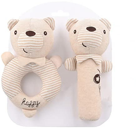 Anguxer 2 Stück Baby Rasseln Spielzeug, Cartoon Tier Rassel mit Klingel Glocke, Greifling zum Rasseln aus Bio-Baumwolle, Babyspielzeug 0+ Monate