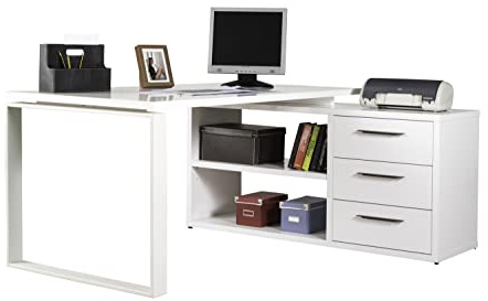 Composad | Bureau de la Ligne Design avec 3 tiroirs et 2 Compartiments, Bureau d'angle avec tiroirs et bibliothèque, (LxHxP) 160 x 74,80 x 140 cm, Couleur Blanc laqué, fabriqué en Italie