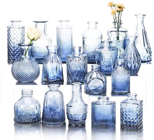 Set mit 18 blauen Knospenvasen für Blumen, Vintage, klare Glasvasen, kleine Vasen für Tafelaufsätze für Zuhause, Tischdekoration, rustikale Hochzeitsdekorationen