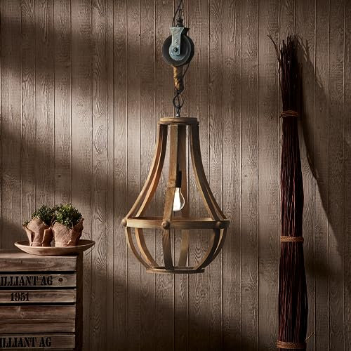 Lightbox Hängelampe mit Ø 43 cm - Vintage Pendelleuchte mit kürzbarer Kette - E27 Fassung - max. 60 W - aus Holz/Metall - in Hell Braun