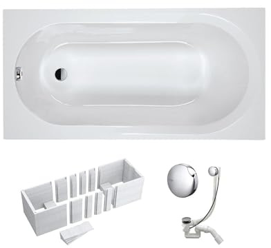 VBChome Badewanne 170 x 70 cm Weiß Acryl SET Wannenträger Siphon Wanne Rechteck Design Modern Styroporträger Ablaufgarnitur in Chrom 170x70 cm