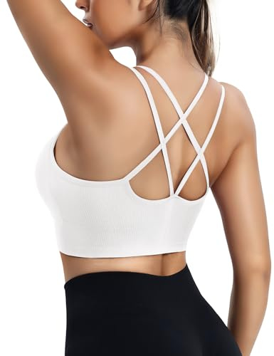 ZAAYO Sport-BH för kvinnor med vadderad, sömlös bh, crossback-design, push-up bh, sportbh, topp, fitness, löpning, jogging, yoga, #6 vit, L