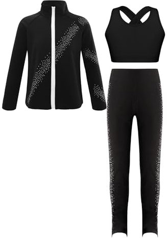 FEESHOW Mädchen Sport Kleidung Set Eiskunstlauf Anzug Sport BH Sport Leggings Sweatjacke Set Kinder Eislaufen Trainingsoutfit Yoga Workout Outfit Schwarz_A 146-152