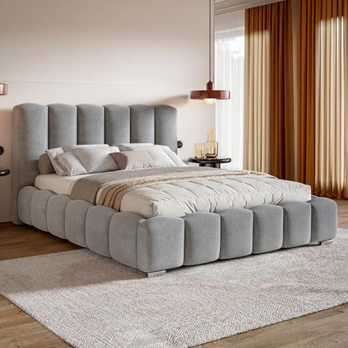 MOTIVENA Grand Bubble Bett 200x200 Grau Samt, mit Stauraum, mit Kopfteil, mit Lattenrost, mit Füßen, ohne Matratze, Bubble Polsterbett 200x200 mit Bettkasten Grau (Hellgrau)