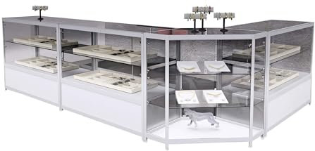 Verkaufsvitrinen silber, Set 3x Thekenvitrine mit Unterschrank B120xH94xT50 cm und 1x Eckvitrine B70,5x H94xT53,5 cm, Schmuckvitrine ESG-Sicherheitsglas mit LED-Spots, Verkaufstheke L-Form