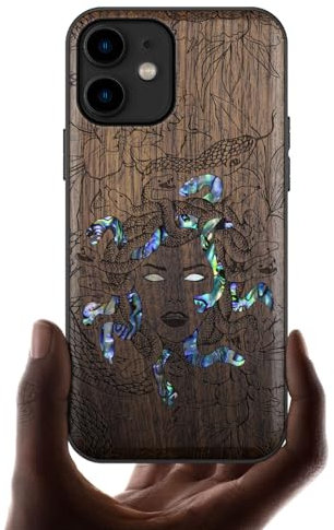 Carveit Coque Compatible avec iPhone 11 Étui en Bois Cover [Gravure en Bois et Incrustation de Coquille] Case pour 11 Coque Premium (Noyer-L'énigme méduse)
