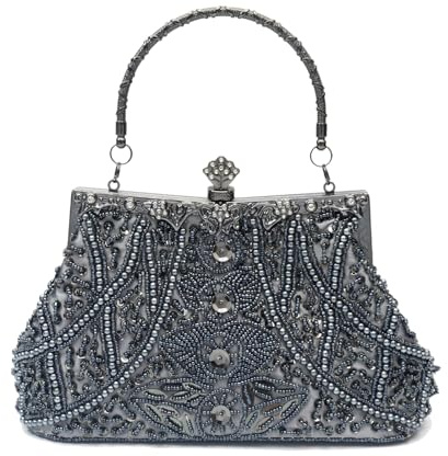 CORIOS Vintage 1920s Clutch Tasche Damen Handgemachte Perle Handtasche Abendtasche Elegante Schultertasche Kette Umhängetasche Klein Tasche Hochzeit Bankett-Party Abschlussball Tasche Grau