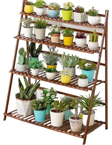 Soporte de bambú para plantas, estante plegable de 4 niveles para interiores y exteriores, estante múltiple para macetas, sala de estar, balcón, color nogal (39.4 pulgadas de largo)