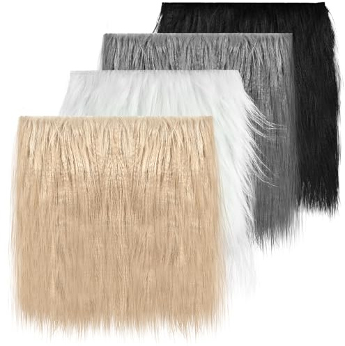 Kunstfellstoff 25 x 25 cm, 4 Stück Langhaarplüsch zum Basteln, Kunstfell zum Basteln, Quadratischer Kunstpelz Stoff, Plüschstoff für Wichtelbart (Schwarz, Ash, Weiß, Khaki)