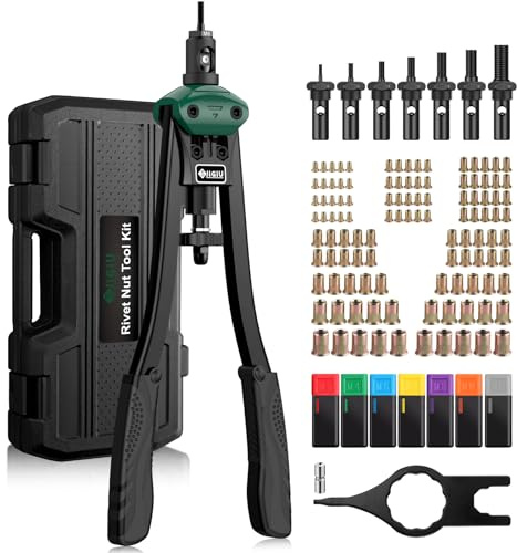 JiGiU 16 Rivet Nut Tool Heavy Duty Rivet Nut Gun Hand Riveter Nut Gun Kit Rivnut Tool Kit Nut Tools with 110PCS Rivet Nuts, 7 Interchangeable Mandrels M3 M4 M5 M6 M8 M10 M12 & Carrying Case for Work