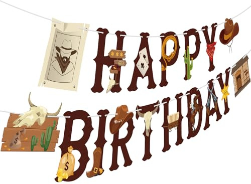 Hooqict Decoración de fiesta de cumpleaños occidental, pancarta de fiesta de vaquero occidental, pancarta de feliz cumpleaños occidental, guirnalda de cumpleaños de vaquero para decoración de