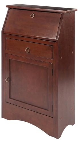 Furnifact Walnut Secretary Desk – Compact Roll Top Desk with Hutch and Storage – Classic Hidden Desk for Small Spaces and Home Offices