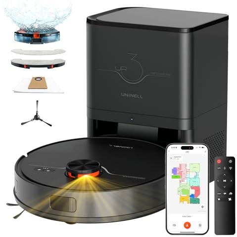 uninell Robot Vacuum Cleaner with Mop,Robotic Vacuum with 5000Pa Super Suction,180min runtime,3.5L Self-Empty Station,Lidar Navigation,APP/Remote/Voice Control,for Floors Carpets Pet Hairs,UR3