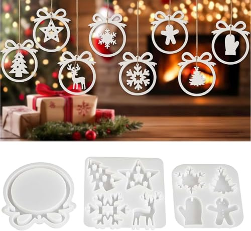 3 Stück Anhänger Weihnachten Gießformen WISIRENT, Weihnachten Schneeflocke Anhänger, Weihnachtsbaum-Schneeflocken-Stern-Elch-Handschuhe Gießformen für DIY