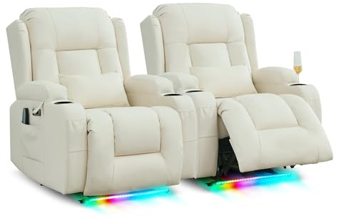 SITURAY Relaxsessel Fernsehsessel Elektrisch Verstellbar Massagesessel mit Liegefunktion Fußteil, Kunstleder TV Sessel mit Wärmefunktion, Kinosessel mit LED/USB für Wohnzimmer, bis 150 kg (2, Beige)
