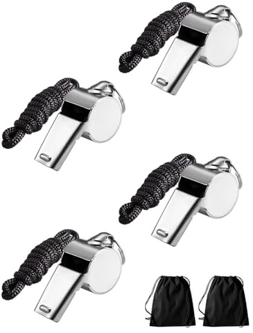 JUKOTA Lot de 4 sifflets de sport en acier inoxydable avec cordon, sifflets sonores forts parfaits pour les entraîneurs, les arbitres et les officiels Avec sac de rangement