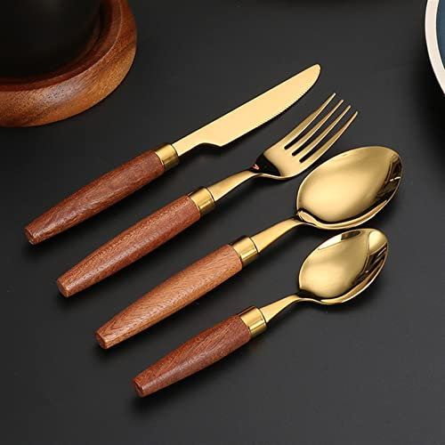 CRBUDY Ensemble de Couverts 24 pièces avec Manche en Bois Naturel, Service de Table en Acier Inoxydable 18/10, Couteau, Fourchette, cuillère, Vaisselle, Couverts en Acier Inoxydable