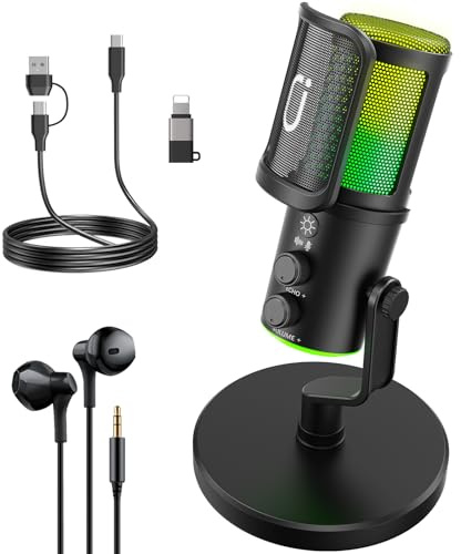 Tisco USB Condenser Microphone, Gaming Microphone with RGB Light, Noise Cancelling & Quick Mute– for PC/Mac/PS5/PS4/Mobile – Plug & Play for Streaming/Podcast/Voice Chat/ASMR– Includes Wired Earphone