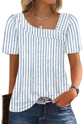 WIHOLL Womens Tops Summer Outfits Fashion Clothes Short Sleeve Tshirts T Shirts 2026 Business Casual Cruise Travel Essentials Blouses Blue Stripes XL