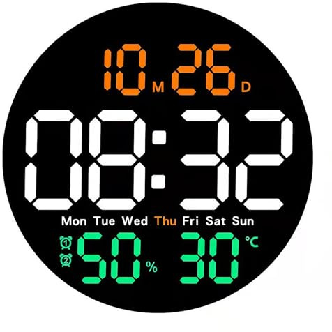 10 Digitale Wanduhr - Große Runduhr Wecker mit Alarm Fernbedienung Auto Helligkeit Temperaturanzeige Datum & Wochentag, Moderne LED elektrische Display für Wohnzimmer, Schlafzimmer, Küche Dekor