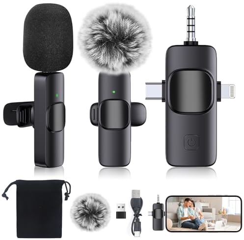 Jdfdexc Professionelles kabelloses 3-in-1-Mikrofon für iPhone, Android, Kamera, Ansteckmikrofon mit Rauschunterdrückung, Mini-Mikrofon, kristallklare Klangqualität für Aufnahmen, Live-Streaming