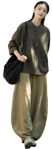 CHUIKUAJ Abbigliamento Tai Chi da Donna, Tuta da Kung Fu Retrò Cinese, Cotone e Lino, Maglia a Maniche Lunghe + Pantaloni per Esercizi Mattutini, Meditazione (Darkgreen, Onesize)