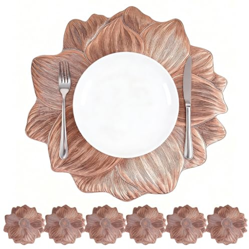 6er Platzsets Set, Elegante Florale PVC Tischsets 38cm, Abwaschbar Platzteller, Hitzebeständig Platzdeckchen, Schmutzabweisendfür Tischmatten, für Weihnachten Hochzeit Hotel Party (Roségold)
