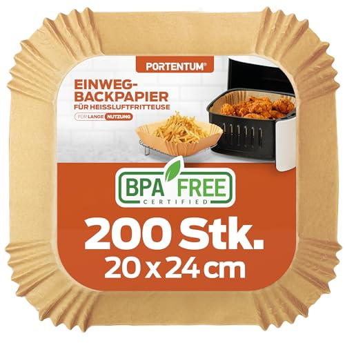 PORTENTUM Carta forno per friggitrice ad aria, 200 unità quadrate 20–24 cm, adatte a modelli 5–8 L. Certificata BPA Free, FDA e LFGB