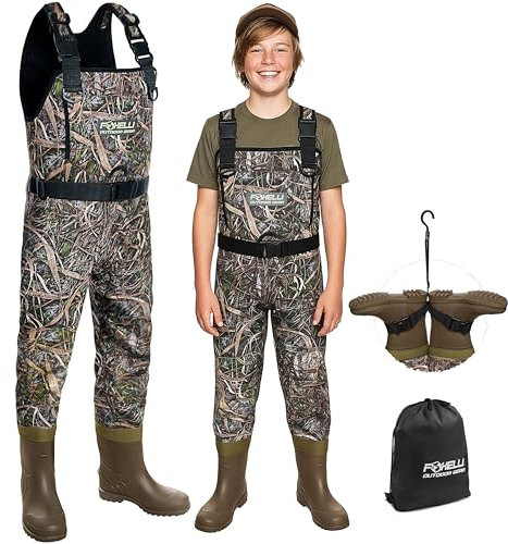 Foxelli Kids Chest Waders with Boots – Waterproof 4mm Neoprene Kids Waders for Fishing & Duck Hunting for Boys Girls Youth
