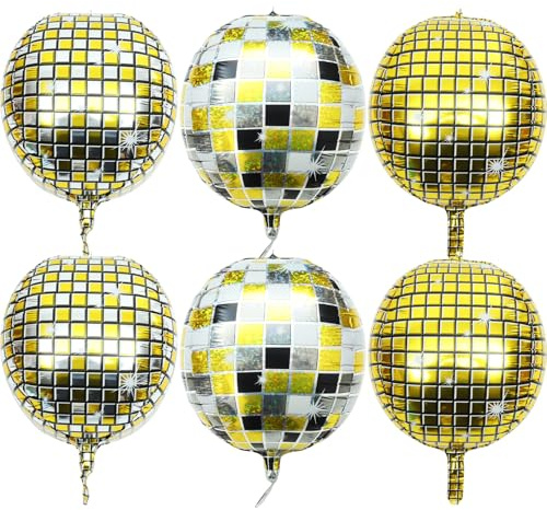 UKCOCO 6 Palloncini a Palla da Discoteca in Alluminio Dorato, Nero e Argento, Decorazioni per Feste a Tema e Matrimonio, Decorazioni Murali Leggere Corda per Feste e Ambienti Interni