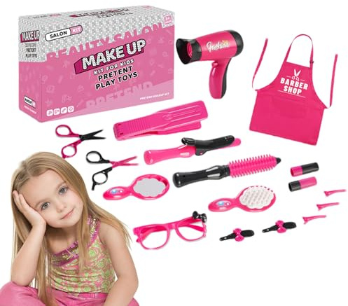 Generisch Set da parrucchiere per ragazze – Set da parrucchiere, asciugacapelli, grembiule da parrucchiere, forbici e accessori per lo styling | Imagination Barber Play Set per acconciature per