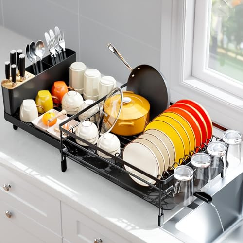 Urackify Ausziehbares Abtropfgestell, Schwarz | 18.5-26.7 Verstellbar, Besteckhalter, Tassenhalter, Effiziente Wasserablauf