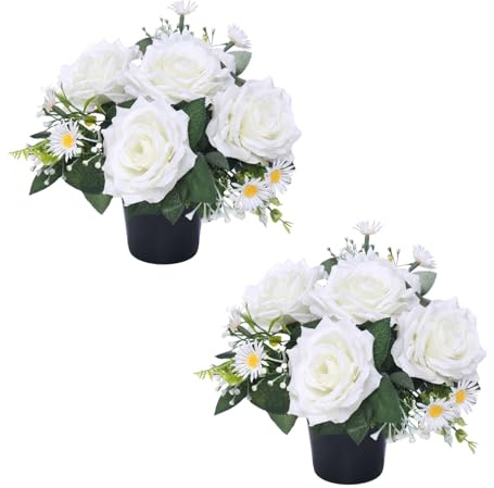 Homesecret Pack 2 Artificial Flowers for Graves in Pots 25cm | White Foilage Grave Flower Pots for Christmas | Luxury Memorial Flowers for Graves, Funerals & Lasting Tributes | All Season Displays