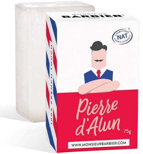 Pierre d'Alun Après-Rasage Homme de Monsieur BARBIER | Apaise les Irritations & le Feu du Rasoir | Naturelle, Sans Chlorhydrate d'Aluminium | Bloc Poli, Soin Barbe Traditionnel | Lot de 1 | 75g