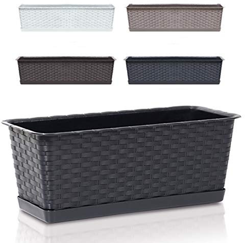 Blumenkasten Balkonkasten Blumentopf Rattan Optik Case P Untersetzer Geländerkasten 4 Größen (700 Anthrazit)