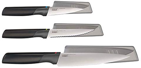 Joseph Joseph Elevate Ensemble de couteaux 3 pièces, lames en acier inoxydable japonais, comprend un couteau d'office, un couteau dentelé et un couteau de chef avec étui de protection