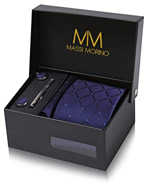 Cravate Hommes Carré bleu foncé et mouchoirs de poche, boutons de manchette et Pinces à cravates | Coffret cadeau | Accessoires de Fete de Mariage