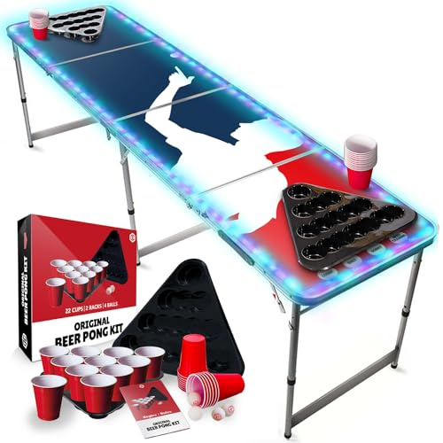 Beer Pong® - Table Lumineuse avec LEDs Multicolores + 22 Cups + 2 Racks + 4 Balles - Table Pliable et Transportable avec Revêtement Etanche Anti-Rayures - Jeu à Boire Biere Pong
