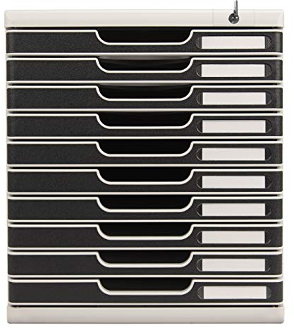 Exacompta 332014D Ablagebox Modulo mit 10 abschließbare Schubladen für DIN A4+ Dokumente. Belastbare Schubladenbox mit hoher Kapazität für mehr Platz auf dem Schreibtisch grau/schwarz