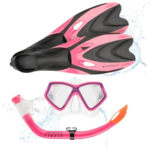 Osprey Snorkel Set with Mask, Snorkel Tube & Flippers, Tempered Glass Lens, Silicone Skirt and Purge Valve, Snorkelling & Scuba Diving Gear for Kids, Shoe Size 12-1