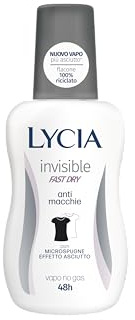 Lycia, Invisible Deodorante Vapo No Gas Antimacchia con Antibatterico, Formula Fast Dry Asciuga Rapidamente, Non Lascia Macchie o Aloni sui Vestiti, Efficacia fino a 48H, 75 ml