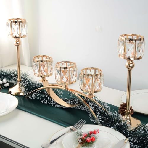 KEHAIL 3 Arms Crystal Candle Holders, Arch Candlestick Table Candelabras Centerpieces for Wedding, Dinning Room, Cabinet Ornaments, Home Decoration, Gift (3-arm Arched Set, Gold)