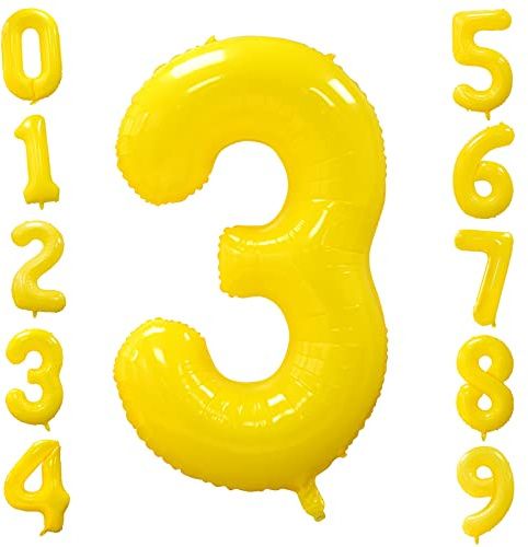 Globo Amarillo Número 3, 40 Pulgadas Número 0-9 Globos de Cumpleaños Globos de Fiesta Grandes de Papel de Aluminio Amarillo Limón para Aniversario Graduación Baby Shower Daisy Decoraciones de Fiesta