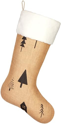 BRUBAKER Großer Weihnachtsstrumpf zum Befüllen und Aufhängen - 52 cm Nikolausstrumpf für Weihnachten und Nikolaus - Weihnachtsdeko Strümpfe Weihnachtssocke aus Jute - Haus im Wald