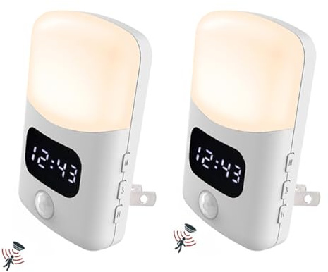 LUXON Bathroom Clock with Motion Sensor,Night Light Clock,Motion Activated Plug Into Wall 4000K Warm White,Dusk to Dawn Sensor for Bedroom,Hallway,Kitchen,Stair,Washroom 2 Pack
