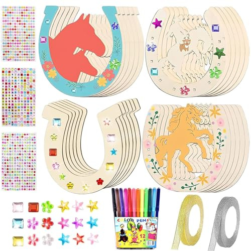 SOETDERT Hufeisen Holz, 24 Stück Unvollendete Hufeisen Basteln Kindergeburtstag Pferde Bastelset, Holz Hufeisenscheibe Zum Bemalen mit Aquarellstift +Glitzerbändern +Glitzersteine für DIY Pferde Deko