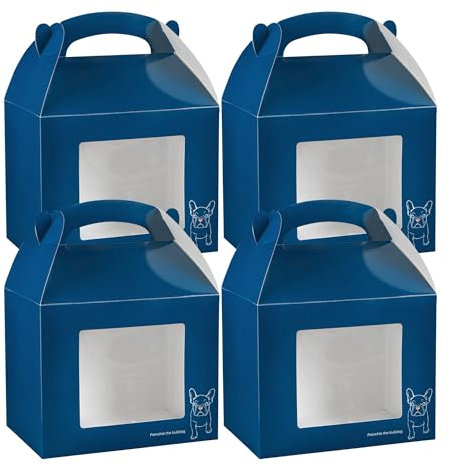 Restaurantware Bio Tek Giebelboxen für Gastgeschenke, 25,4 x 17,8 x 20,3 cm, 100 langlebige Geschenkboxen – Frenchie die Bulldogge Design mit transparentem PET-Fenster, blaues Papier,