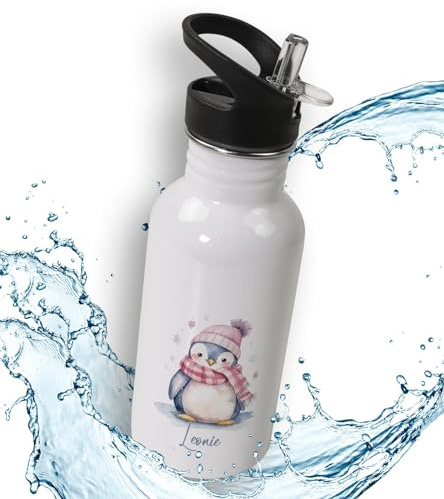 timalo® Trinkflasche für Kinder personalisiert mit Namen | auslaufsichere Edelstahl Sportflasche Kindergarten Schule Geschenk für Jungen und Mädchen 400mL | Pinguin
