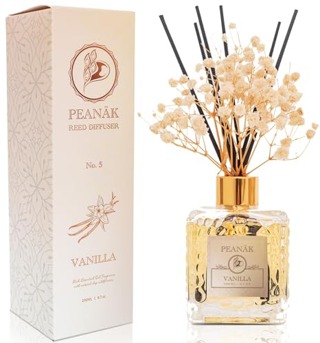 Reed Diffuser Set - Vanilla Coconut Oil, Oil Diffuser Sticks, Bathroom Diffuser, Bathroom Shelf Decor, 200ml with Preserved Flowers - PEANÄK